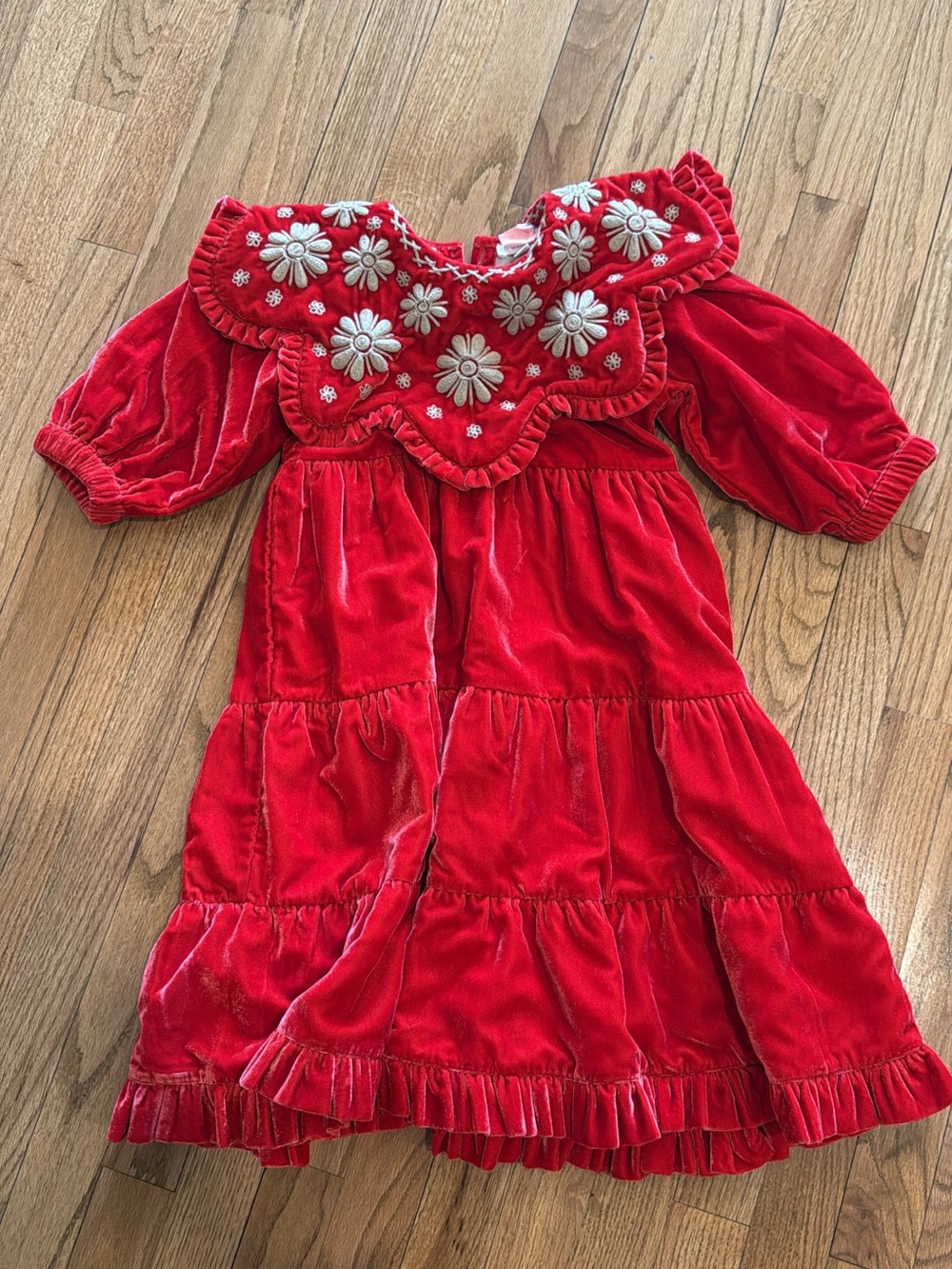 Red Velvet Tiered Dress with Embroidered Floral Yoke - Kids - Picture 1 of 1
